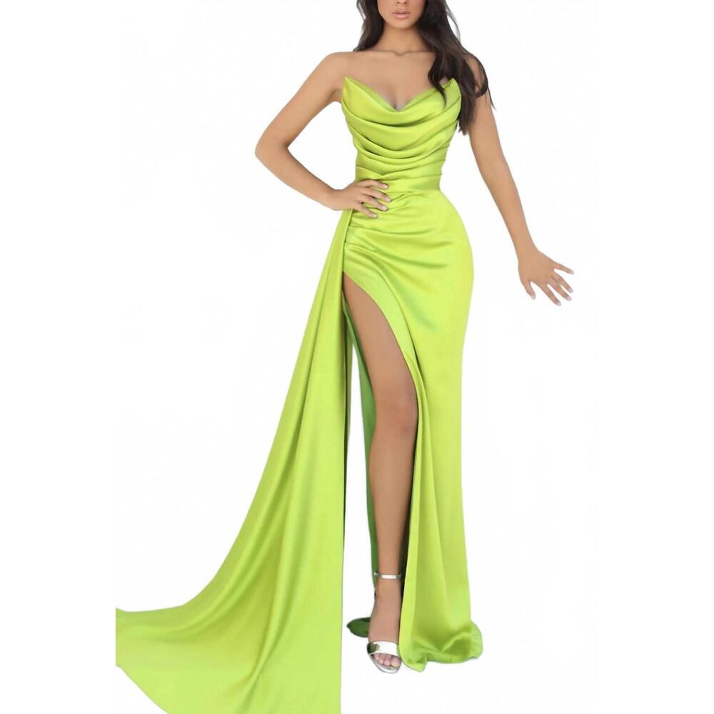 NEW TARIK EDIZ strapless gown with slit in lime green